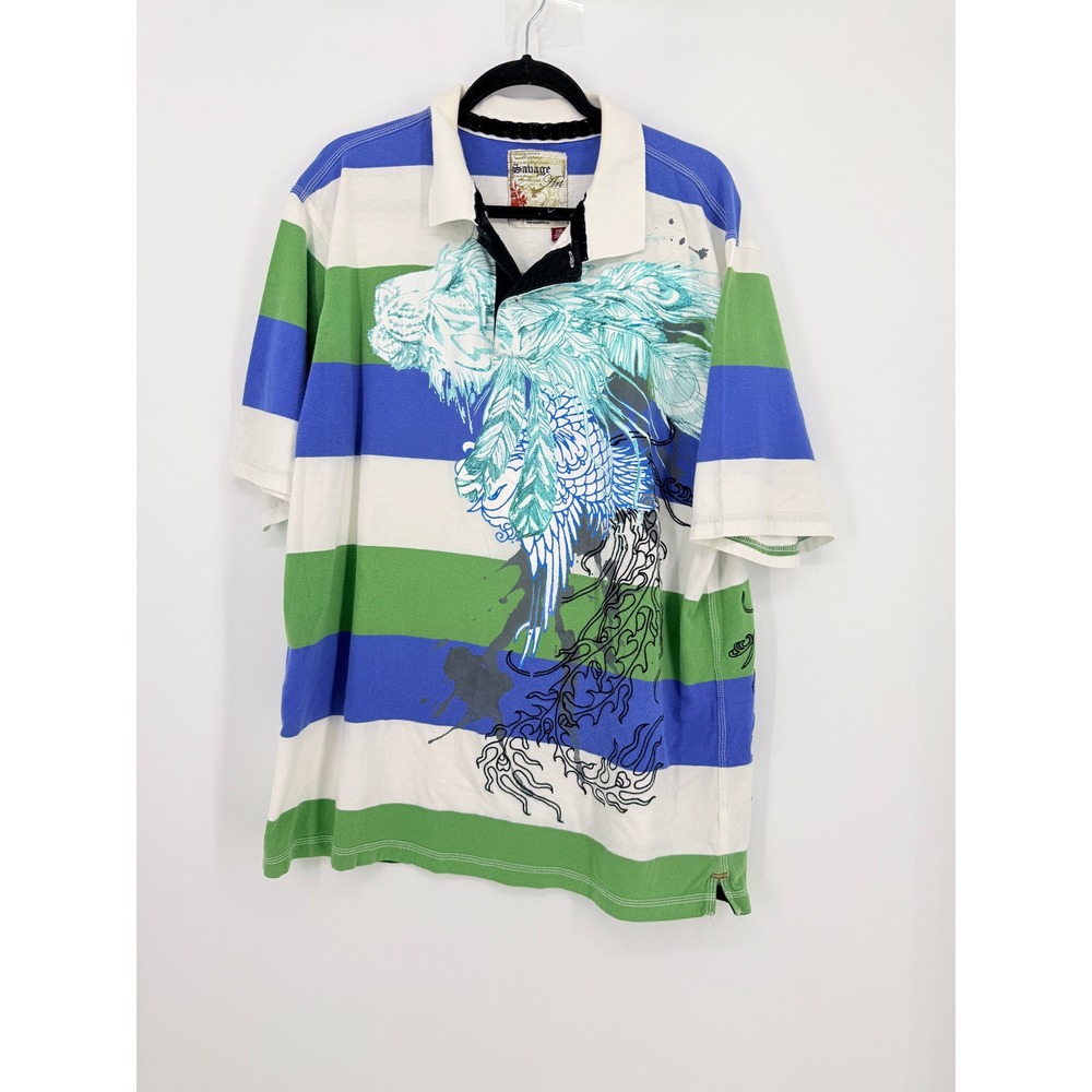 Y2K Savage Art Mens 2XL Phoenix Graphic Striped Polo Shirt Blue Green White Y2K